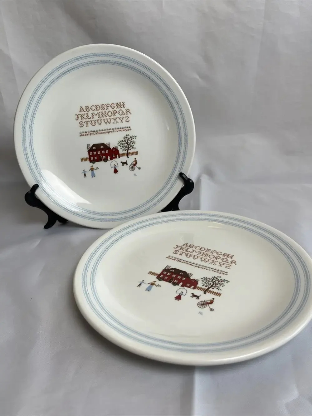 Two Ralph Lauren 7.75” Wedgwood Sampler Plates Americana Alphabet Cross Stitch
